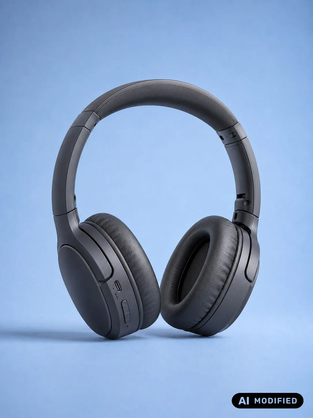 Black over-ear headphones on a blue background with an AI Generated label in the bottom-right corner.