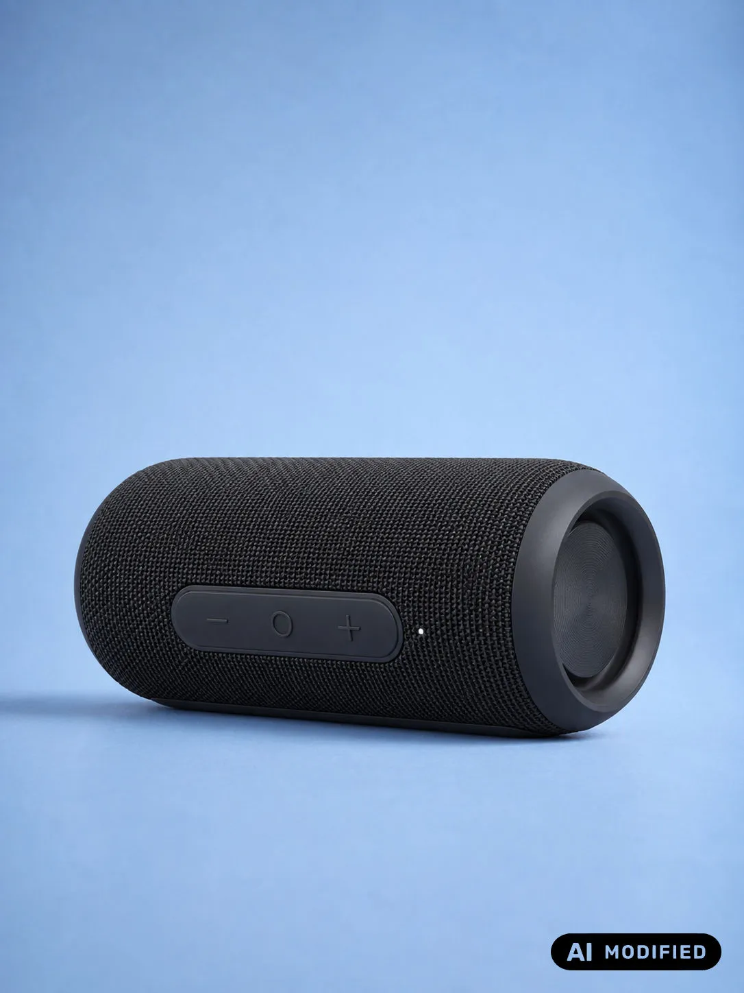 Black cylindrical loudspeaker on a blue background with an AI Generated label in the bottom-right corner.