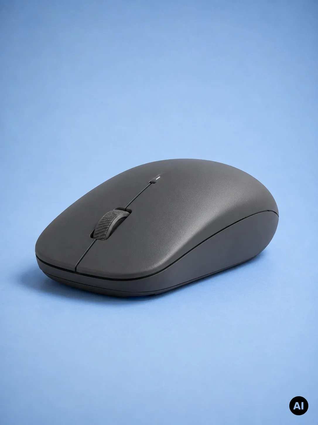 Black computer mouse on a blue background with an AI Generated label in the bottom-right corner.