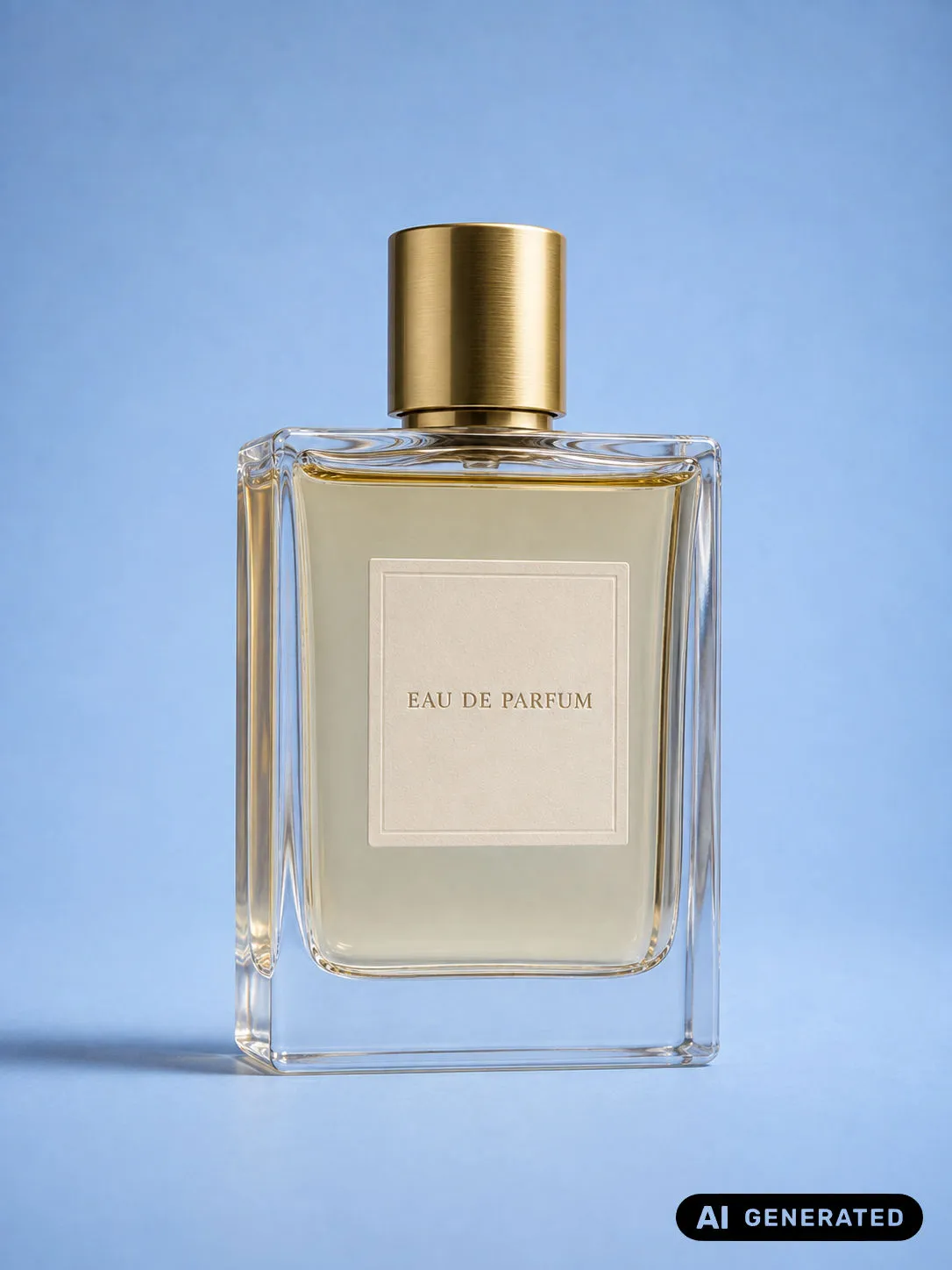 Glass perfume bottle with a gold cap on a blue background with an AI Generated label in the bottom-right corner.