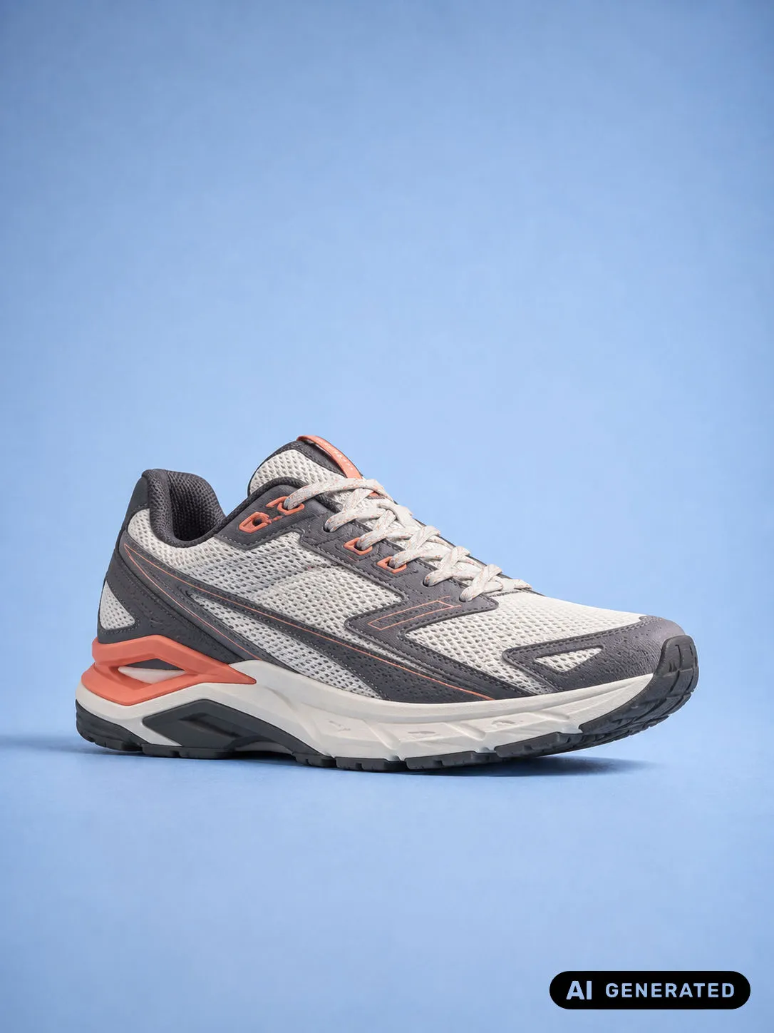 White, gray, and orange running shoe on a blue background with an AI Generated label in the bottom-right corner.